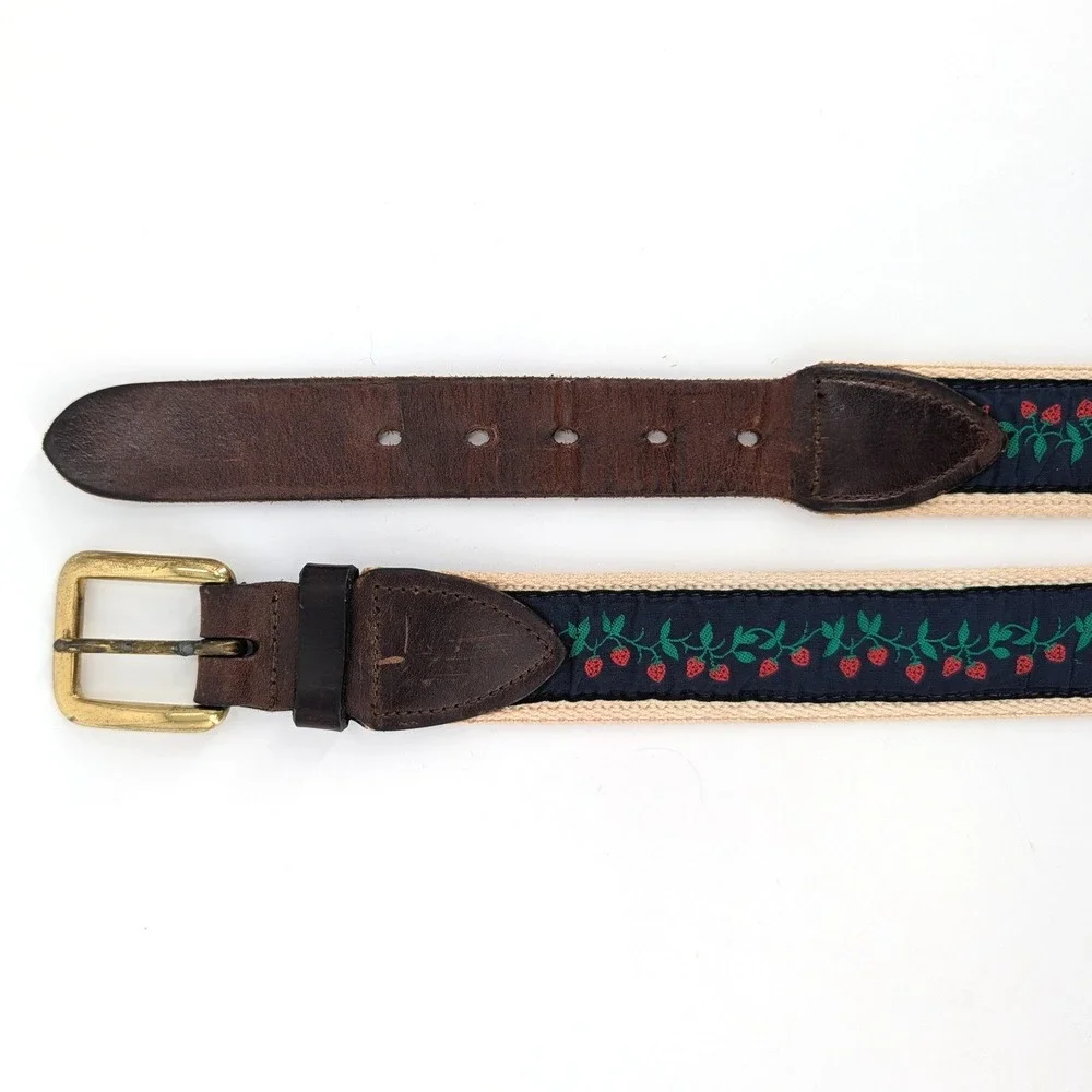 Orvis Strawberry Ribbon Belt Leather Canvas‎ Embroidered New England Size 28